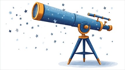 Cartoon telescope with stars in the sky, set on a white background, painted style