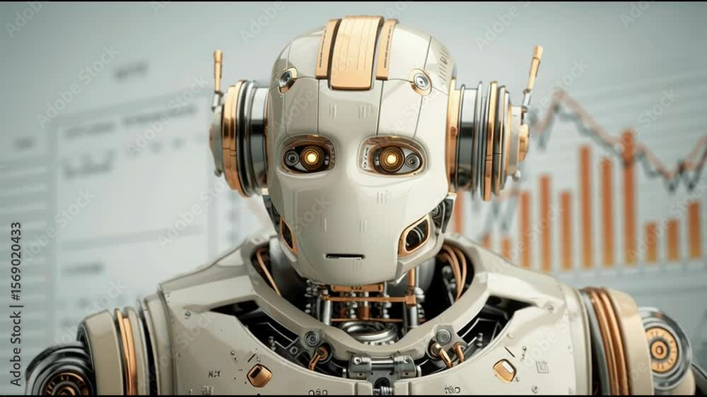 Poster robot with chart in background representing ai business synthesizer concept for innovative idea gene