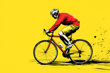 Fototapeta premium Cyclist in Red Jersey Riding Fast on Yellow Background with Motion Blur Effects