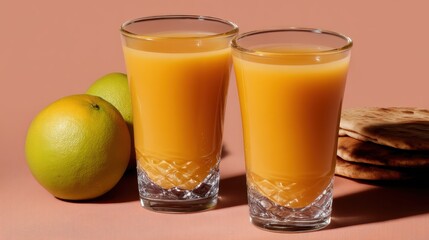 Two glasses of orange juice with grapefruits and flatbread on table