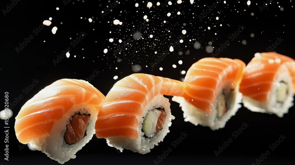Poster a close up of four sushi rolls with a sprinkle of salt on top. the rolls are arranged in a line and 
