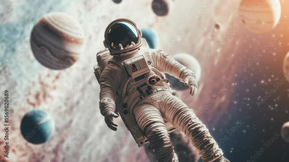 Aufkleber a man in a spacesuit is floating in space with a bunch of planets around him. concept of adventure a