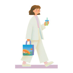Walking in style with a drink: A trendy individual strolls with an eco-friendly bag and refreshing beverage, embodying casual elegance in a moment of mindful movement.