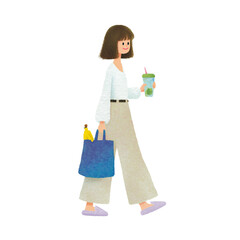 Cool Lifestyle Stroll: A trendy individual, clutching a refreshing beverage and eco-friendly tote bag, strides gracefully with a chic, carefree spirit.