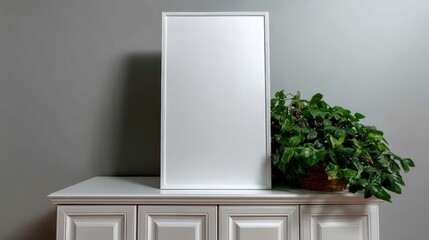 Empty white framed canvas standing on white cabinet near green plant