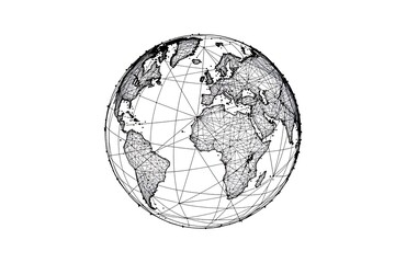 A detailed, wireframe representation of planet Earth, isolated on white background.