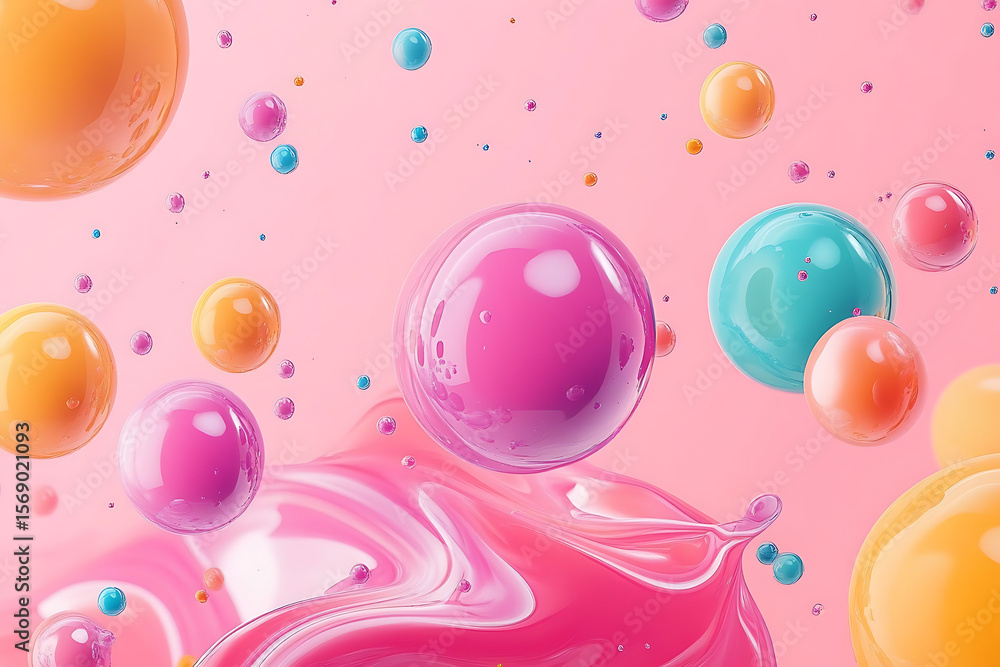 Poster colorful abstract background with floating bubbles in pink liquid, creating a playful atmosphere