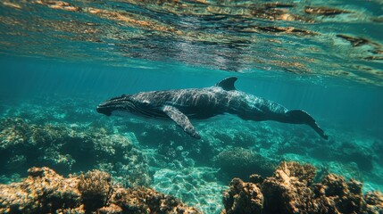 Humpback whale swimming in clear turquoise water over coral reefs.