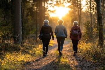 Golden hour walk with senior women on forest trail, wellness and community theme