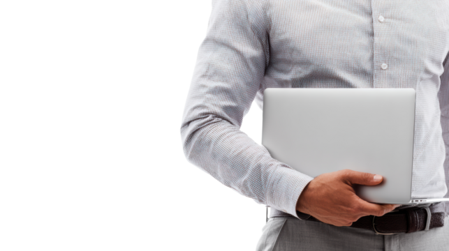 Professional man holding laptop, modern attire, standing confidently, white isolate background. - Powered by Adobe
