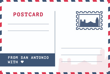From San Antonio, USA postal card template. Vector postcard illustration with stamp, landmark, message. Simple flat greetings image layout © Anastasiia