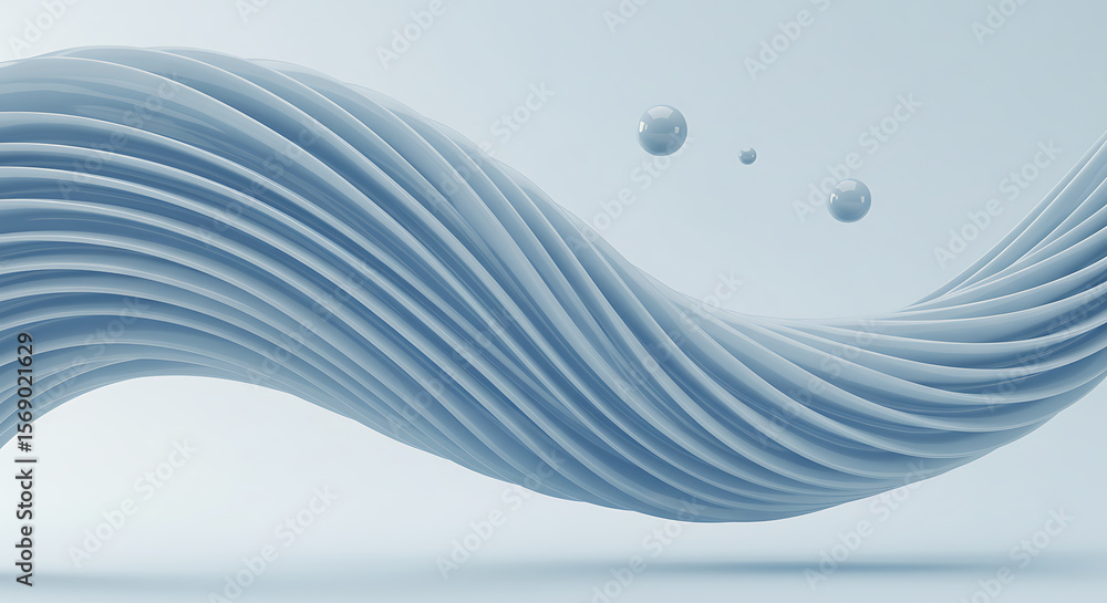 Poster abstract flowing blue ribbon structure with floating spheres in a clean minimalist background studio