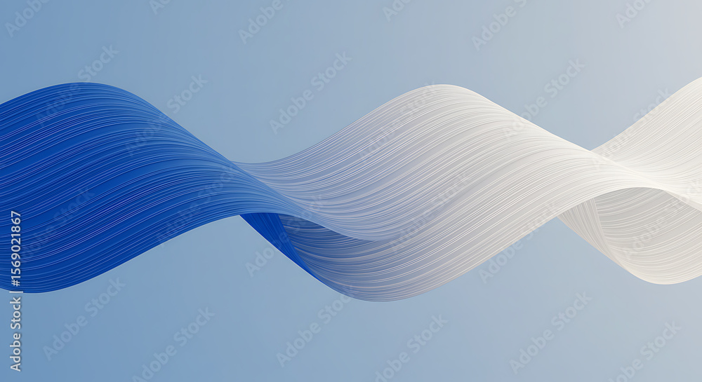 Poster abstract flowing ribbon of blue and white lines creating a smooth wave pattern against a soft blue b