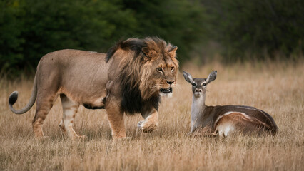 A proud lioness and a young deer rest together in the wild African grass, showcasing predator, mammal, and feline nature