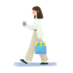 Morning Commute: A cartoon illustration of a woman beginning her day, carrying a coffee cup and a bag full of items, all while walking down a path.