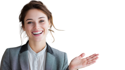 Smiling businesswoman in a suit gesturing with hand, isolated on white background.