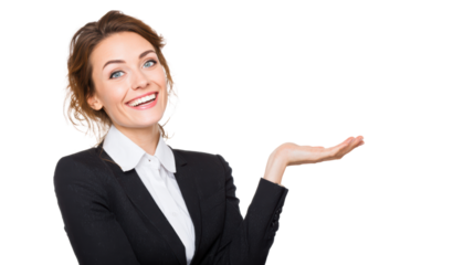 Smiling businesswoman in a suit, gesturing welcomingly, white isolated background.
