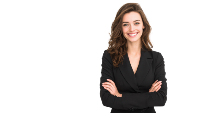 Smiling businesswoman in a black suit with arms crossed, isolated on white background. - Powered by Adobe