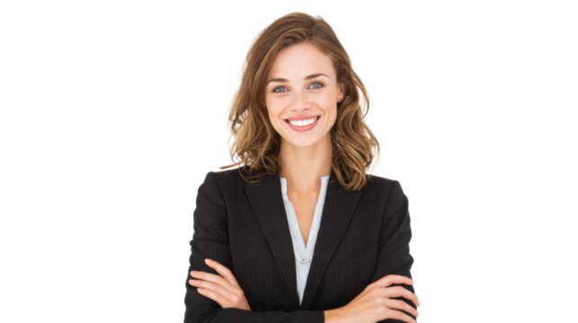 Smiling businesswoman in a professional outfit crossing her arms, isolated on white background.