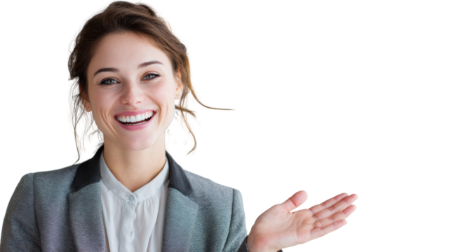 Smiling businesswoman in a suit gesturing with hand, isolated on white background.
