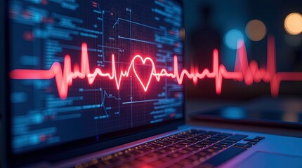 A digital heart rate monitor displays a electrocardiogram (ECG) line with a heart integrated, emphasizing heart health. This image is relevant for World Health Day, highlighting medical tech