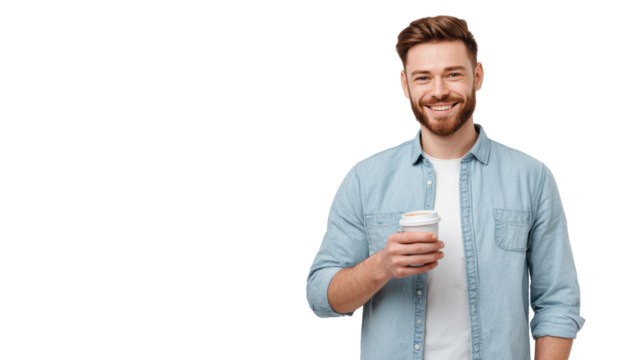 Smiling man holding a coffee cup, casual attire, isolated on a white background.