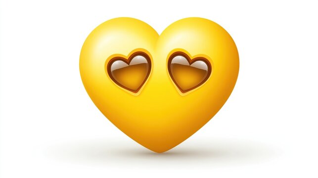 Golden Yellow Heart Emoji with Brown Heart-Shaped Eyes on White Background, Flat Lay Style