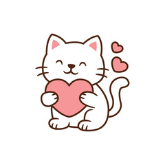 Adorable white cat holding pink heart, kawaii cartoon style animal illustration for kids and Valentine's design