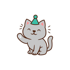 Adorable gray cat waving paw and wearing party hat, fun cartoon vector for birthday or celebration themes