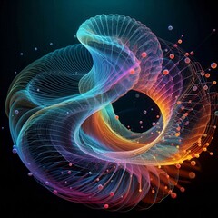 Abstract digital artwork featuring intricate, colorful wireframe structures with spheres, symbolizing complex data networks and futuristic technology concepts. AI generated.
