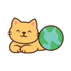 Cute smiling cat lying with Earth globe, cartoon style illustration for Earth Day, kids, and environmental themes