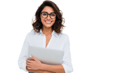 Smiling woman holding a laptop, showcasing professional and friendly demeanor, isolated on a white background.