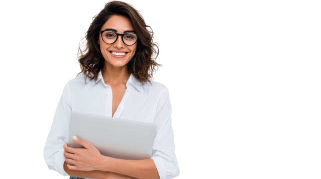 Smiling woman holding a laptop, showcasing professional and friendly demeanor, isolated on a white background.