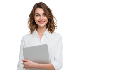 Smiling woman holding a tablet, wearing a white shirt, isolated on a white background.