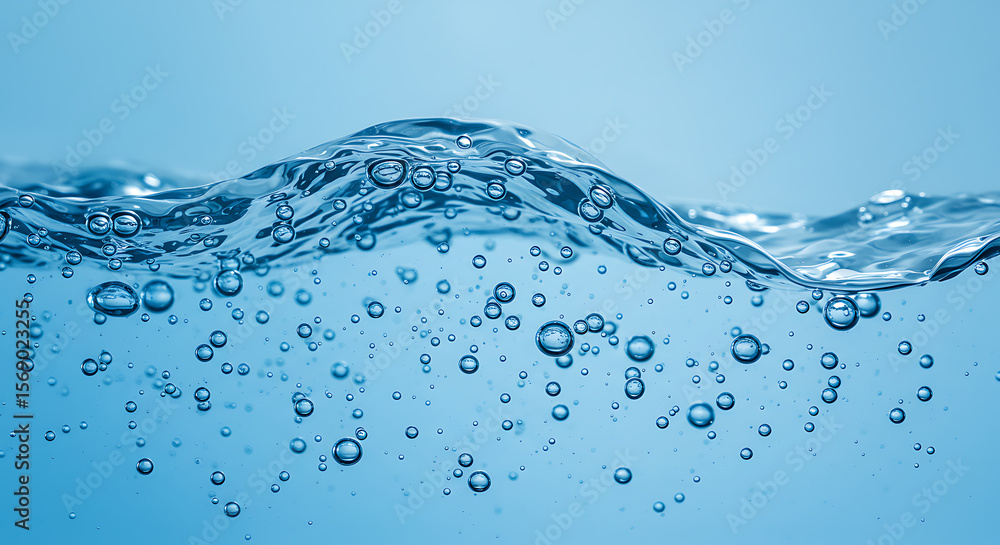 Poster close up of clear blue water with a dynamic wave and numerous small and large bubbles rising towards