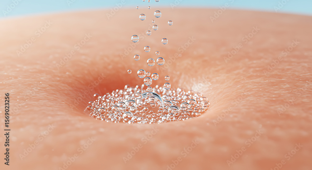 Poster close up macro view of clear water bubbles cascading onto a textured peach colored surface with a so