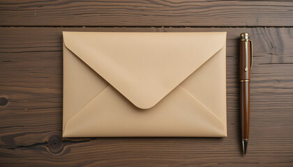 Beige Envelope and Gold-Accented Brown Pen on Wooden Surface – Minimalist Still Life Evoking Thoughtful Correspondence and Organic Texture