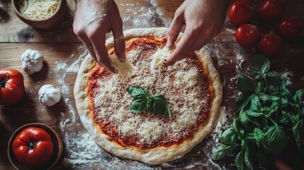 Hands adding cheese to a homemade pizza.