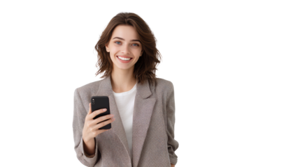 Smiling woman in blazer holding smartphone, white isolate background.