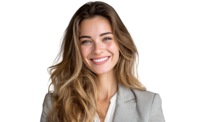 Smiling woman in professional attire, confident expression on isolated white background.