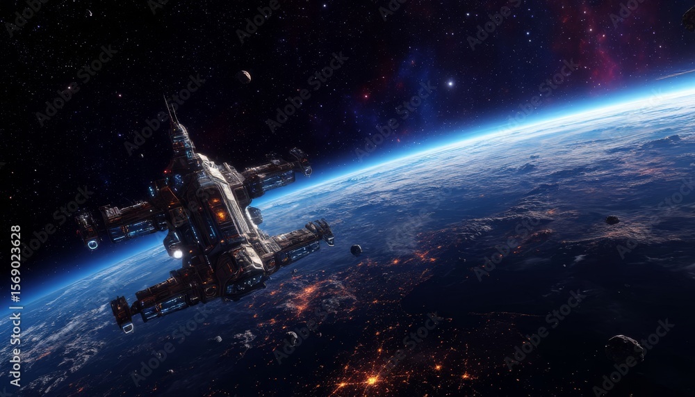 Poster a futuristic spaceship is hovering above earth, showcasing advanced technology and intricate design.