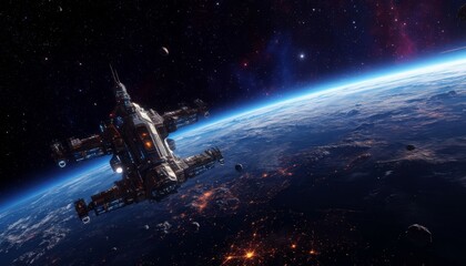 A futuristic spaceship is hovering above Earth, showcasing advanced technology and intricate design. The planet's surface glimmers with lights, surrounded by a starry space backdrop. 3D, 4K.