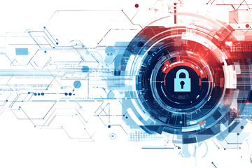 Fototapeta premium Digital padlock icon surrounded by abstract technology circuitry in blue and red, overlaid on white background