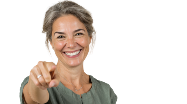Smiling woman pointing with enthusiasm on a white isolated background.