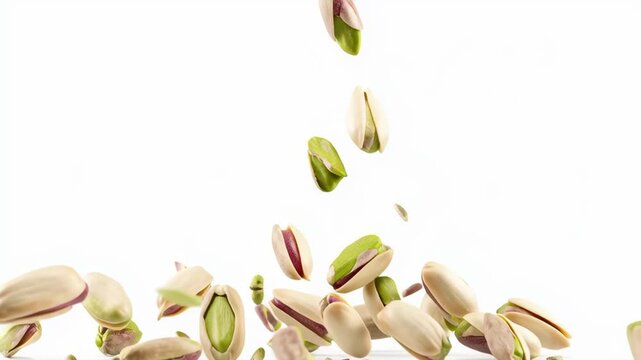 A bunch of green and white nuts are flying through the air. The nuts are scattered all over the image, with some falling to the ground and others still in the air. The scene gives off a sense of chaos