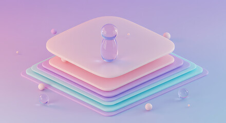 Abstract isometric composition with pastel colored layered shapes and translucent spheres on a soft gradient background