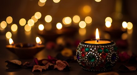 Highlighting tradition, a glowing Diwali diya in the foreground with a rich tapestry of festive lights.


