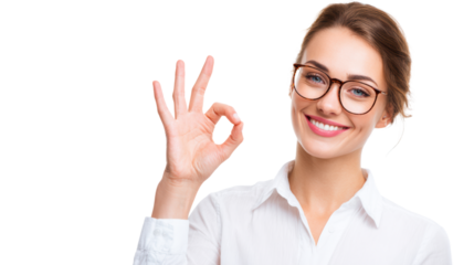 Smiling woman with glasses giving an okay sign against a white background.