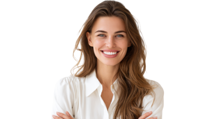 Smiling woman with long hair, wearing a white shirt, arms crossed, isolated on white background.