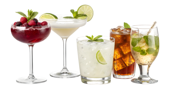 Mixed drinks lineup in stylish glasses